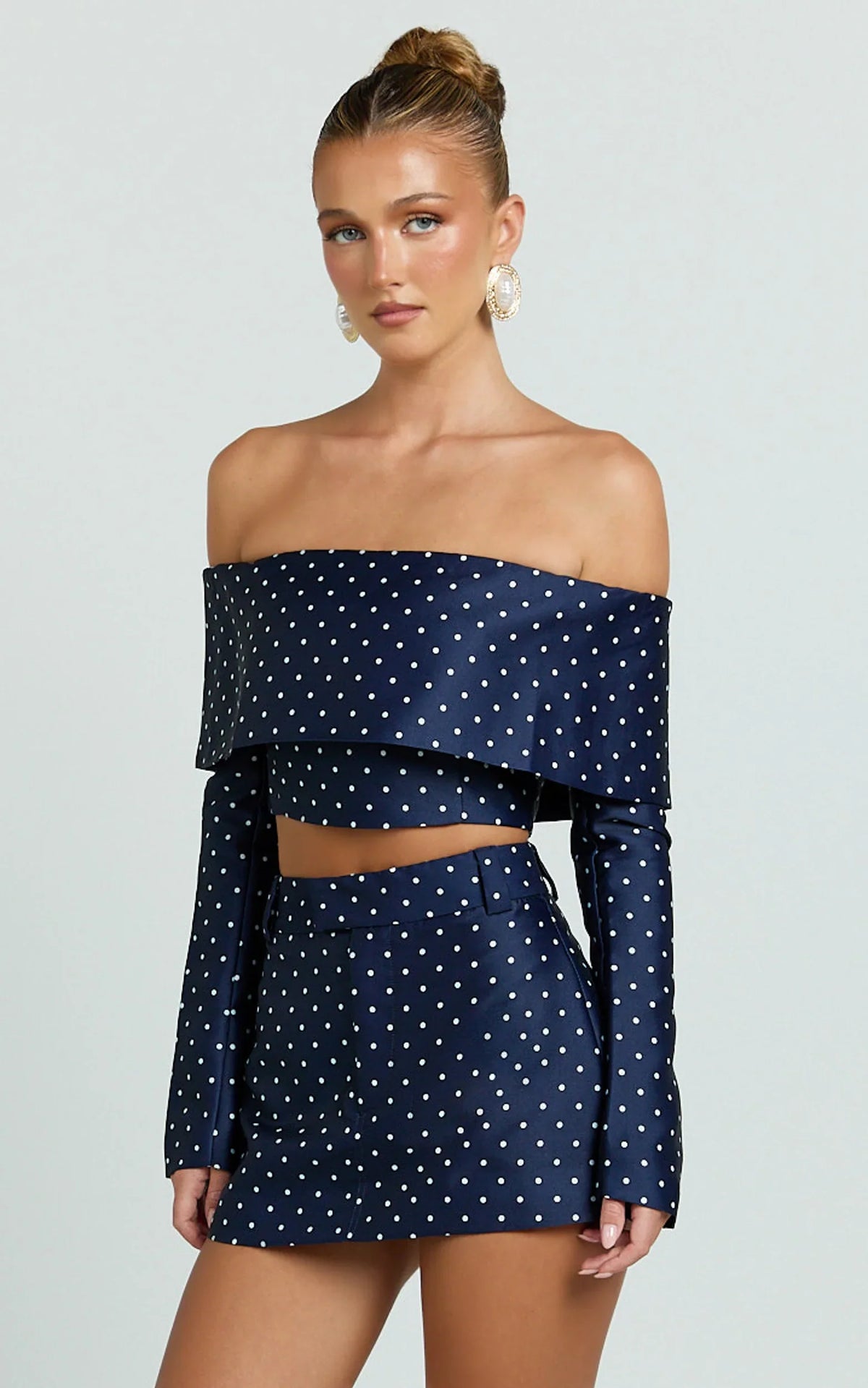 Lana Mini Skirt - Structured Tailored Skirt in Navy/White Polka Dot