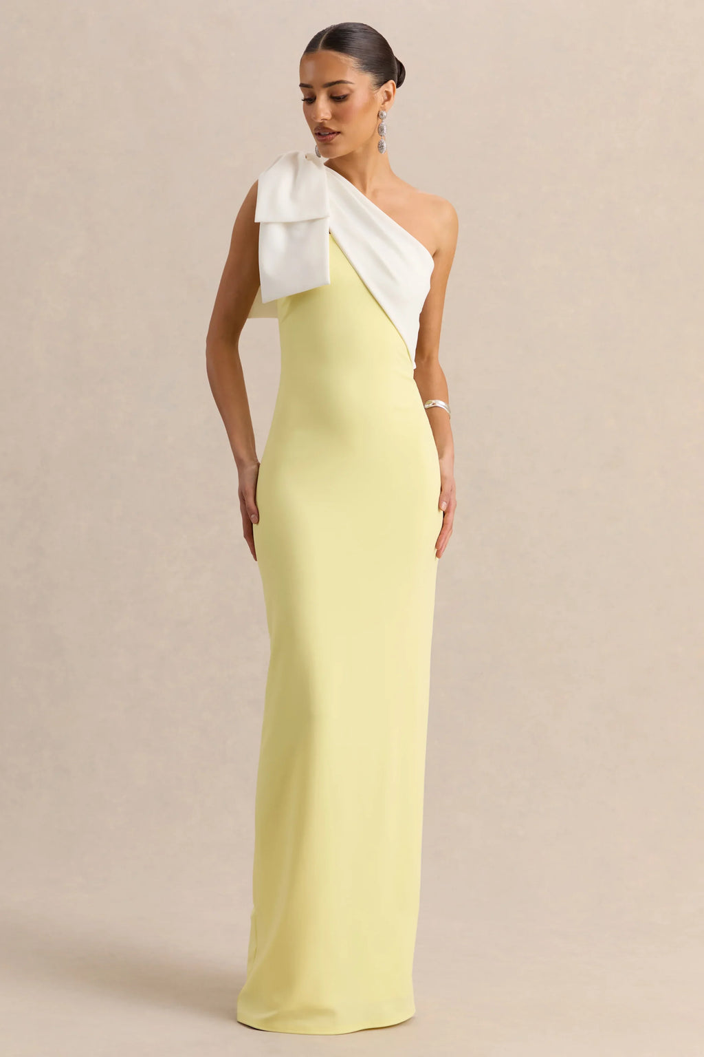 Adara | Lemon & White Asymmetric-Neck Maxi Dress With Bow-Detail