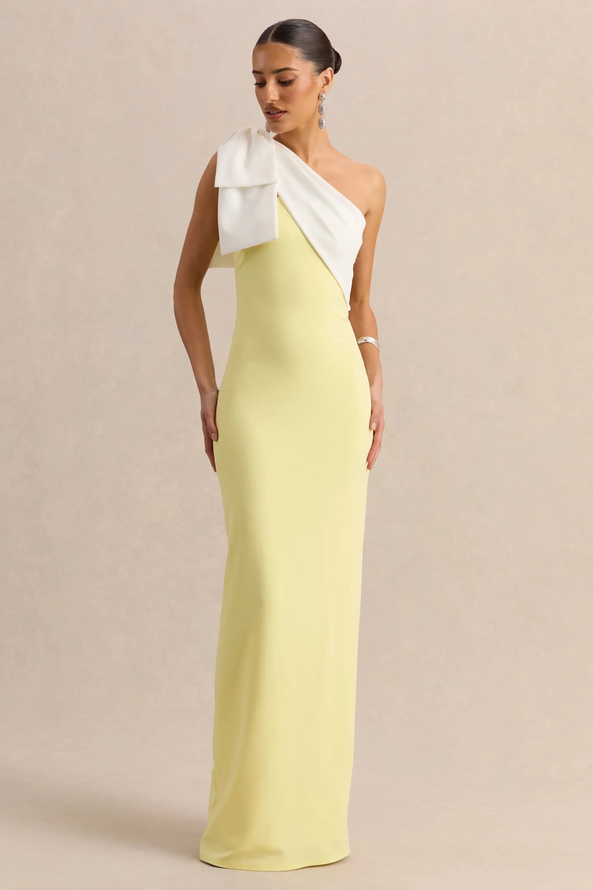 Adara | Lemon & White Asymmetric-Neck Maxi Dress With Bow-Detail