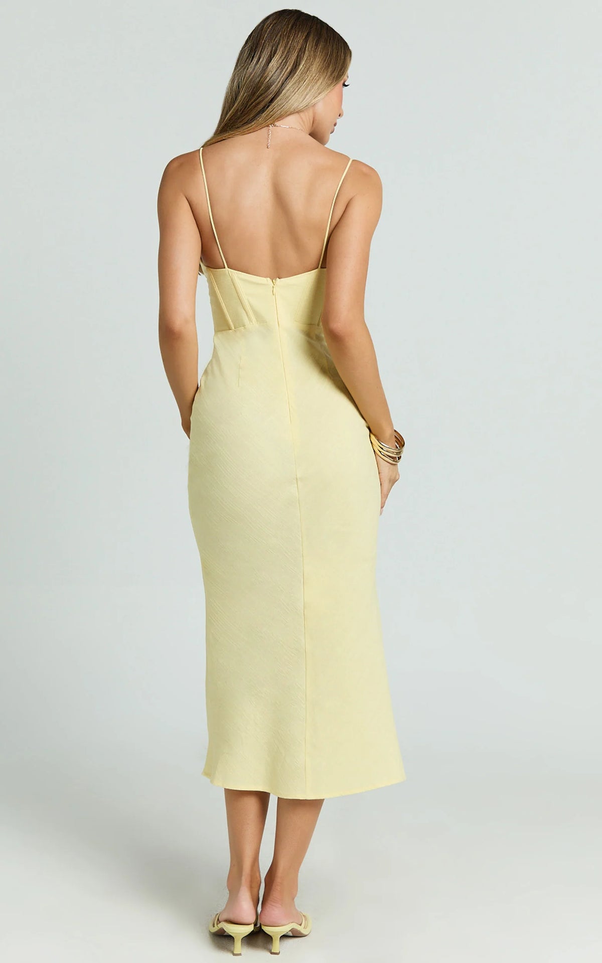 Linen Scoop Neck Ruched Bust Corset Waist Bias Skirt Dress in Lemon