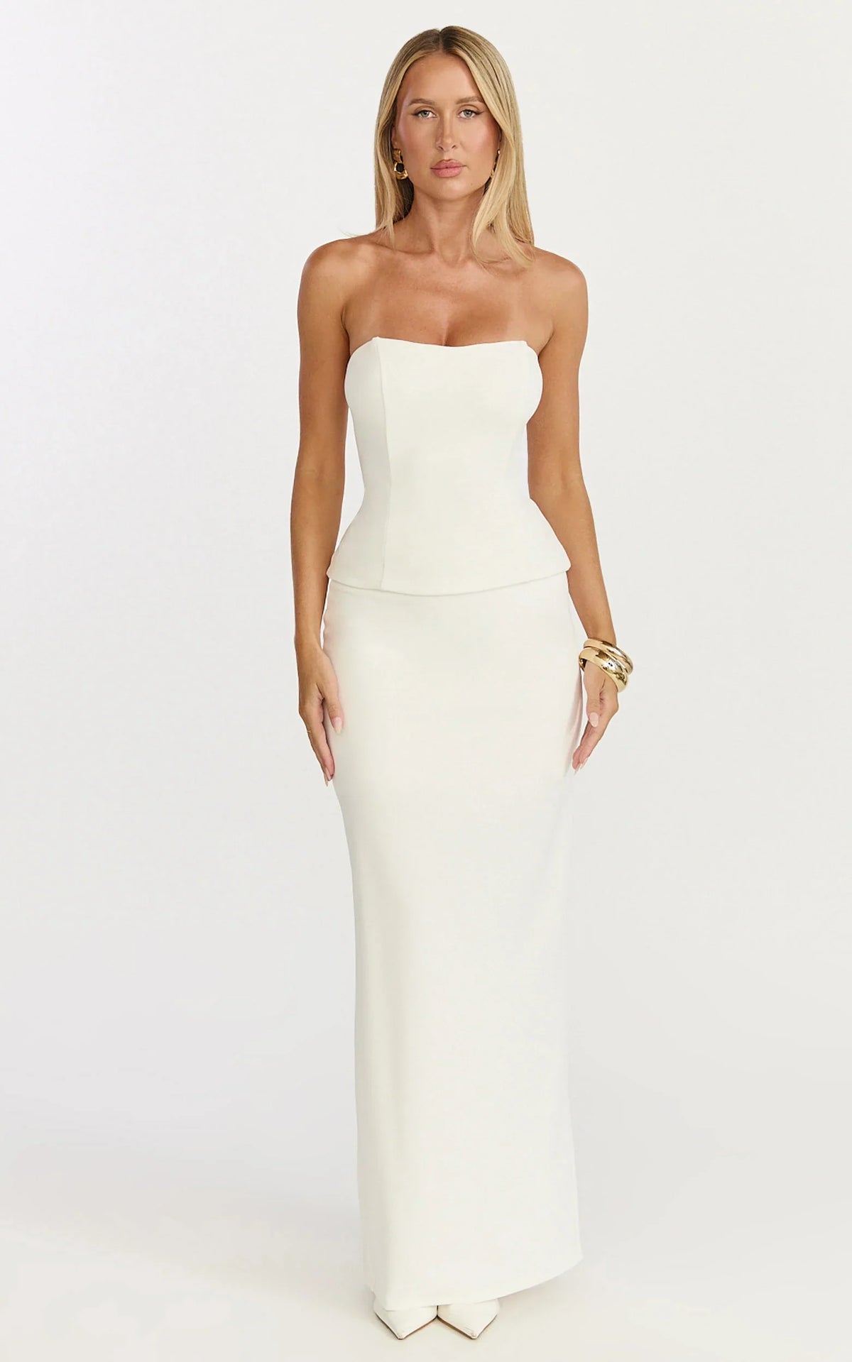 Anya Two Piece Top and Skirt Set - Strapless Fit And Flare Top And Maxi Skirt in Cream