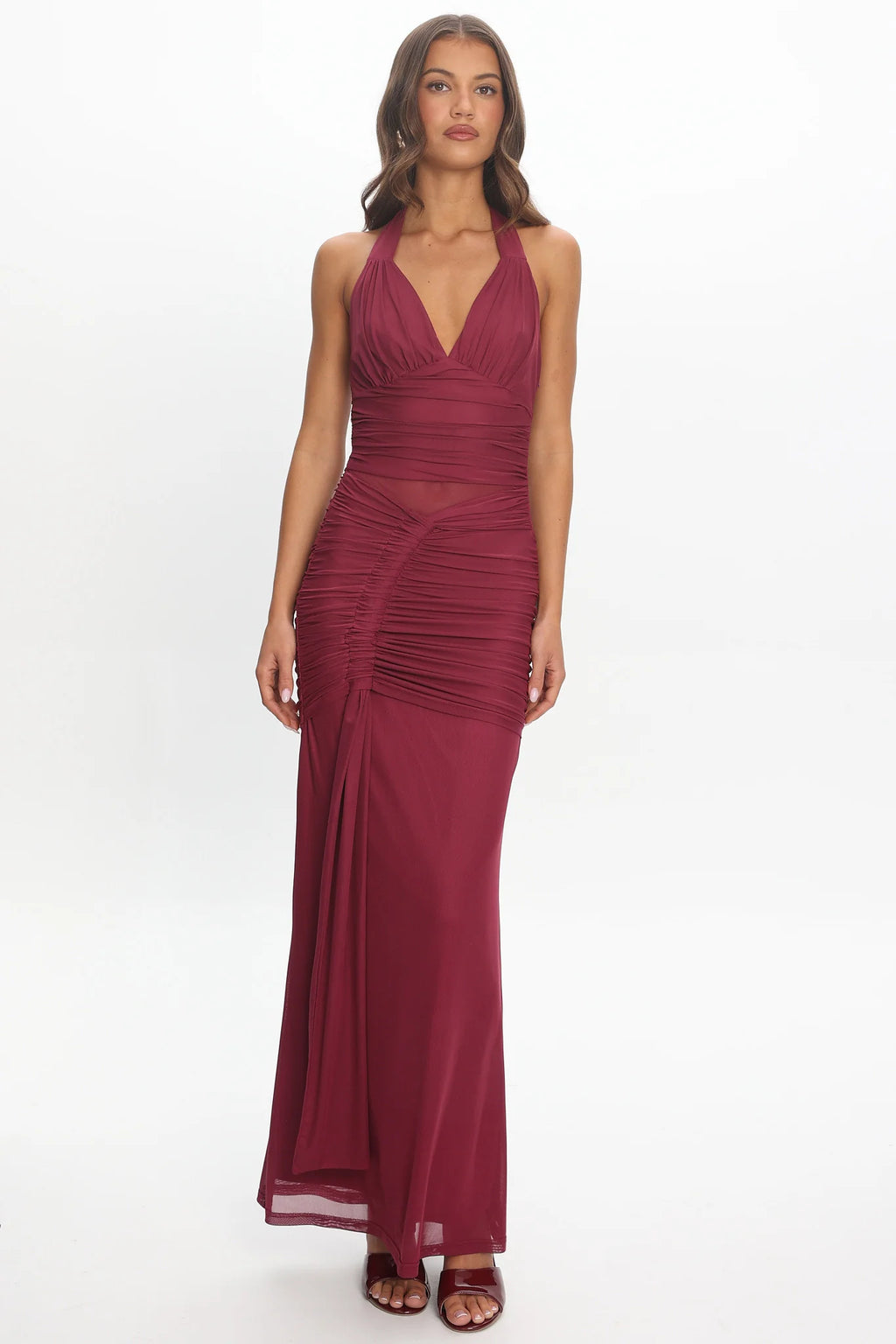 Luli Ruched Halterneck Maxi Dress Burgundy