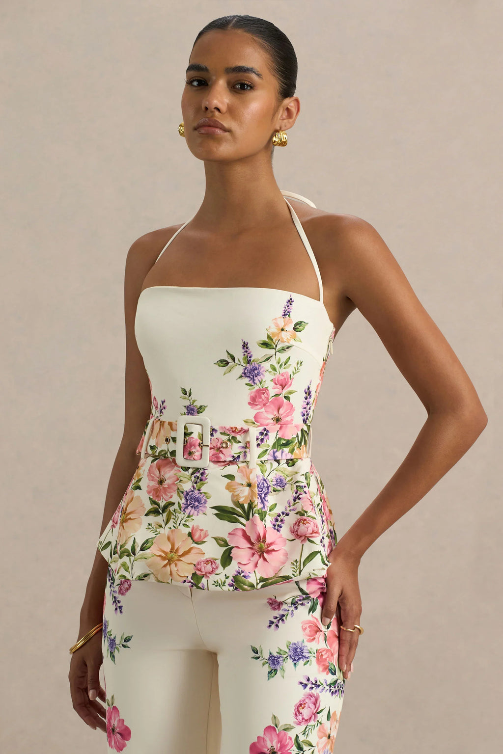 Maud | White Floral Border Print Square-Neck Tailored Top