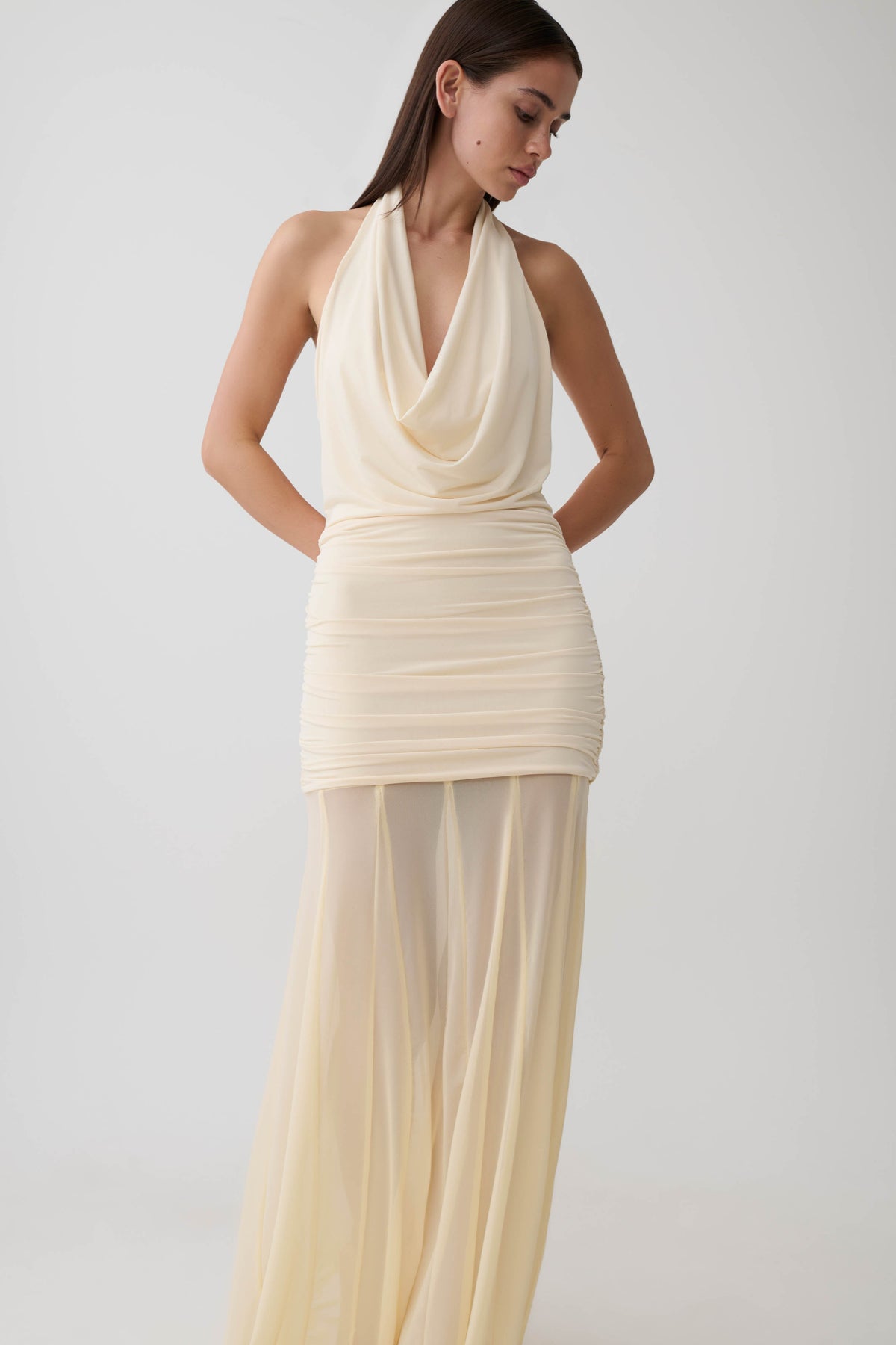 Jorja Draped Halter Slinky Maxi Dress - Ivory