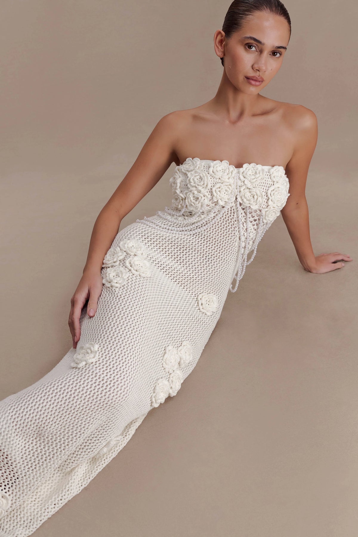 Samantha Crochet Midi Dress With Flowers - Ivory