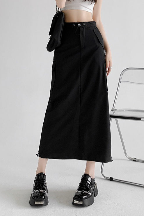 A-Line Gray Vintage Cargo High Slit Skirt