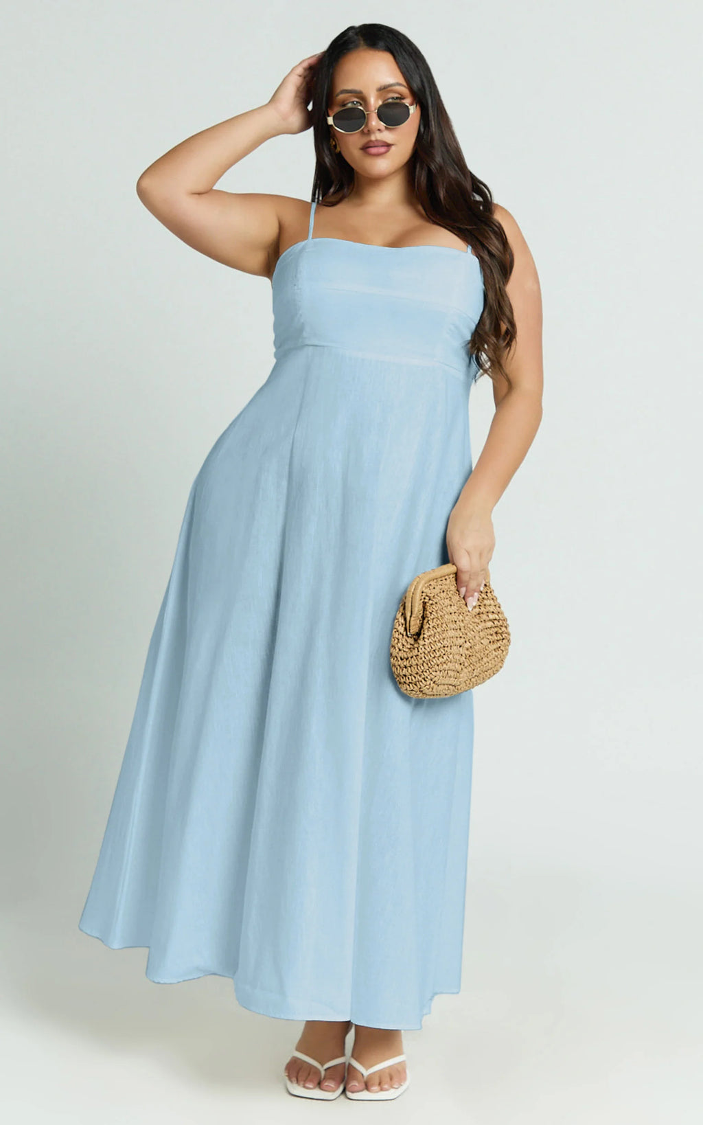 Linen Straight Neck Strappy Fit And Flare Dress in Blue