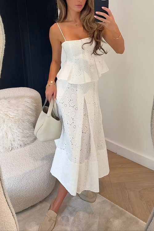 Moxidress Lace Hollow Out Ruffle Cami Top and A-line Midi Skirt Set