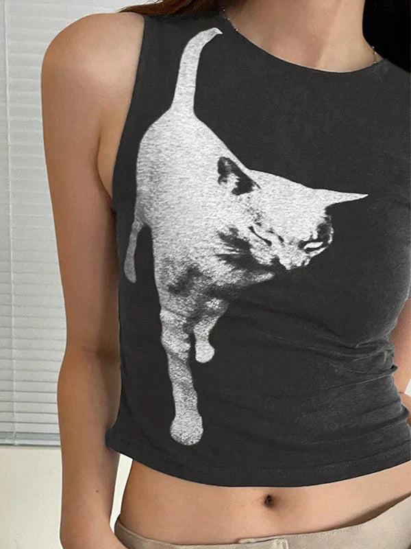 Cat Print Cropped Tank Top