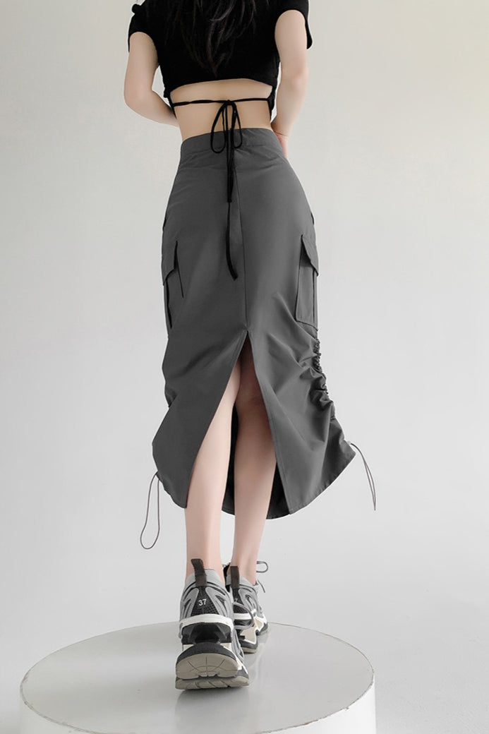 A-Line Gray Vintage Cargo High Slit Skirt