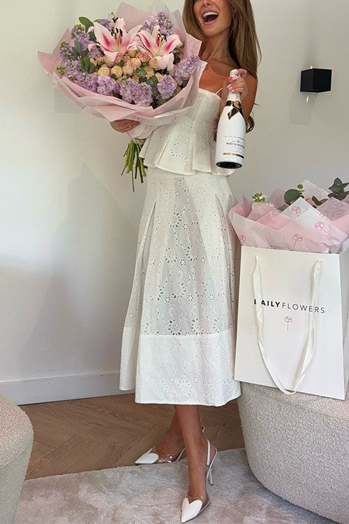 Moxidress Lace Hollow Out Ruffle Cami Top and A-line Midi Skirt Set