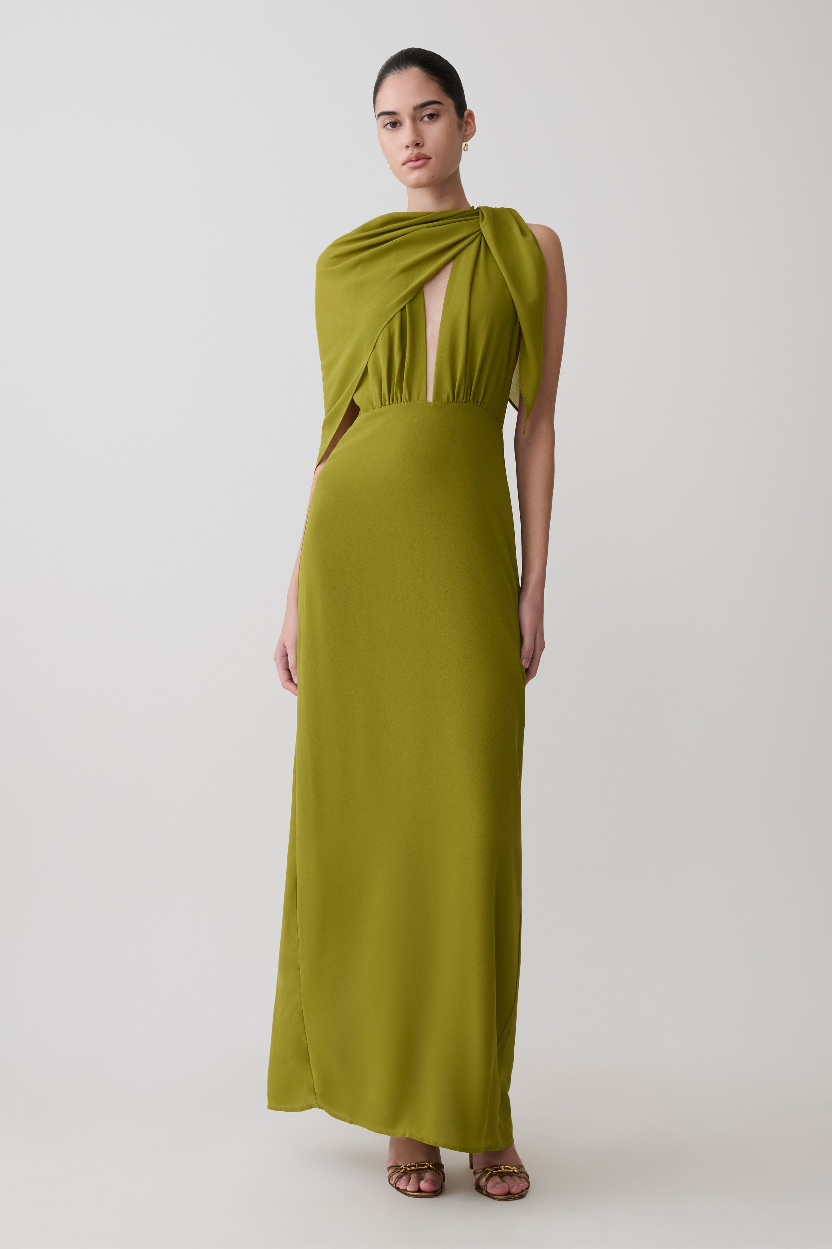 Gianna Satin Halter Maxi Dress - Olive