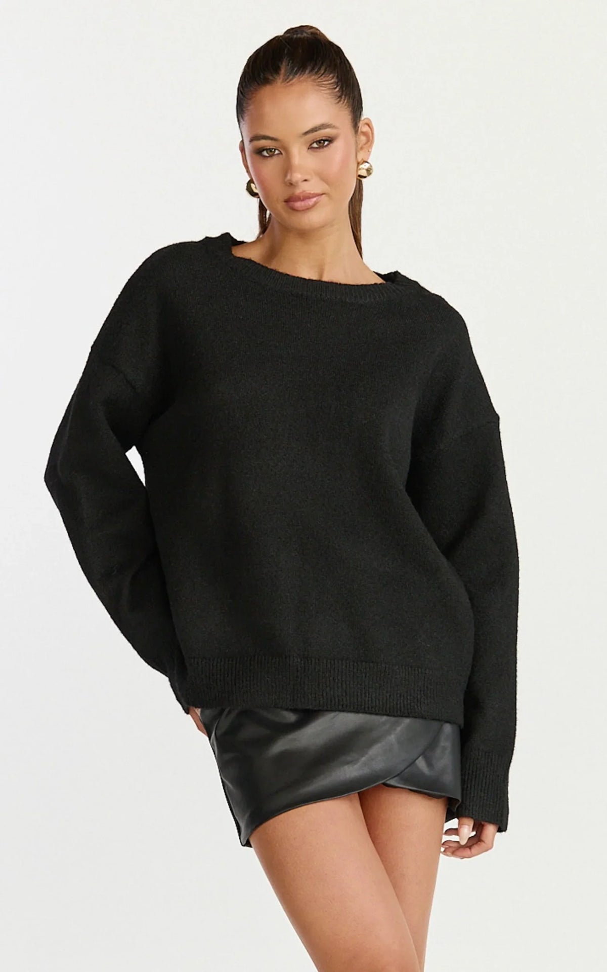 Amanda Top - Crew Neck Long Sleeve Knit Sweater in Black