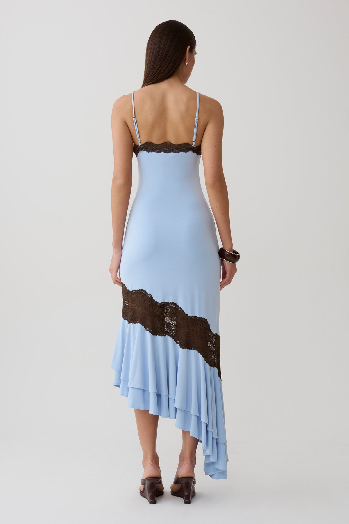 Annis Frilled Hem Lace Midi Dress - Cornflower/Chocolate