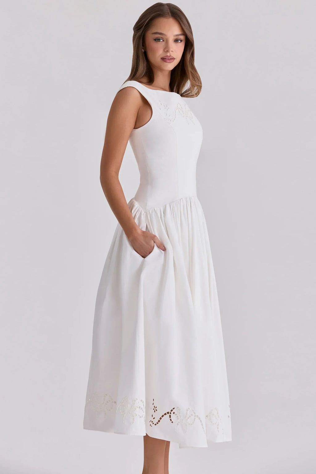 white cotton broderie anglaise boat neck maxi dress