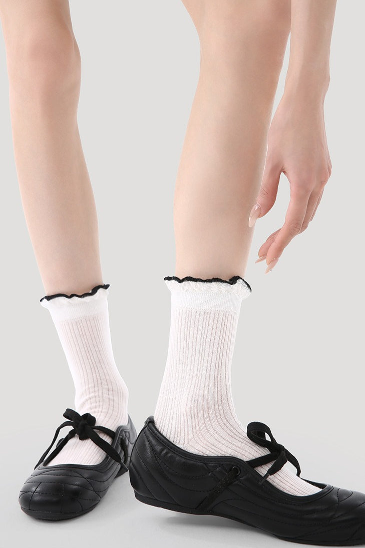 5 Pack Striped Polka Dot Ribbed Cuff Micro Mesh Cotton Socks