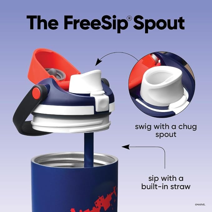 Owala Spider-Man FreeSip Sway Insulated Stainless Steel Water Bottle with Two-Way Spout. Built-in Straw and Bucket Handle. Suitable for School and Sports. 30 oz (approx. 850.5 g). BPA-Free. Leak-Proof. Swing