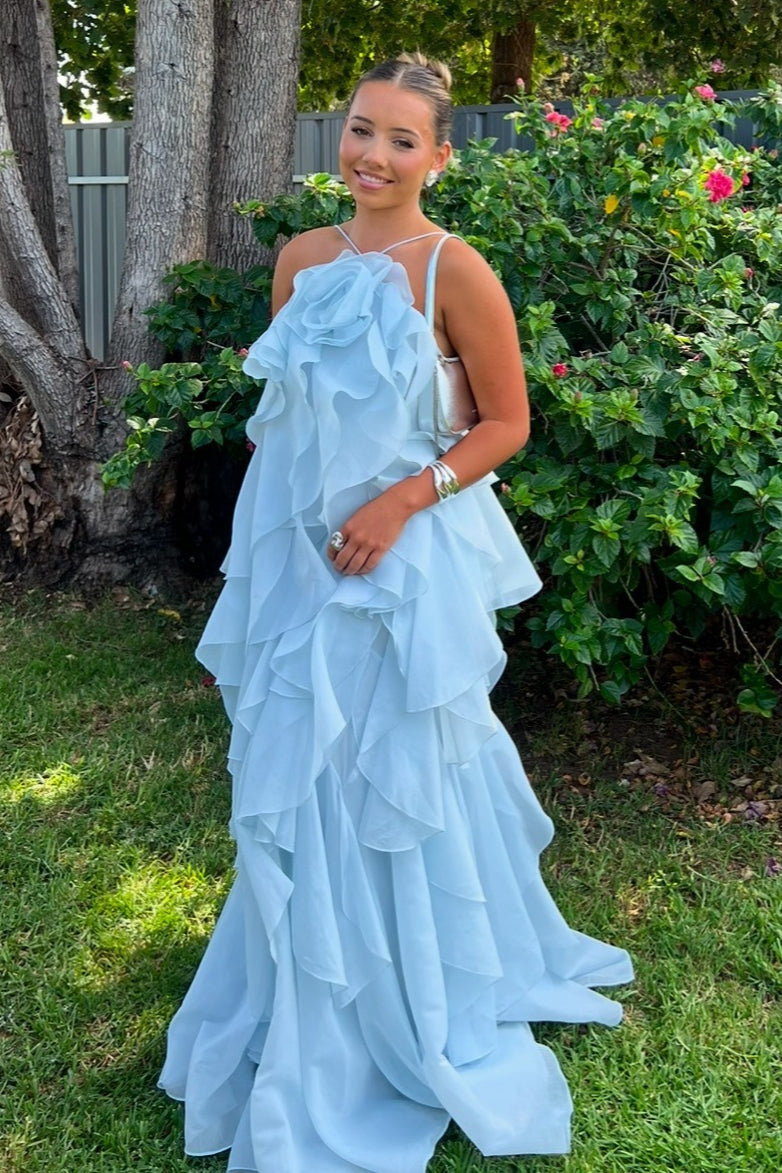 3D Floral Halter Spaghetti Strap Elegant Prom Dress