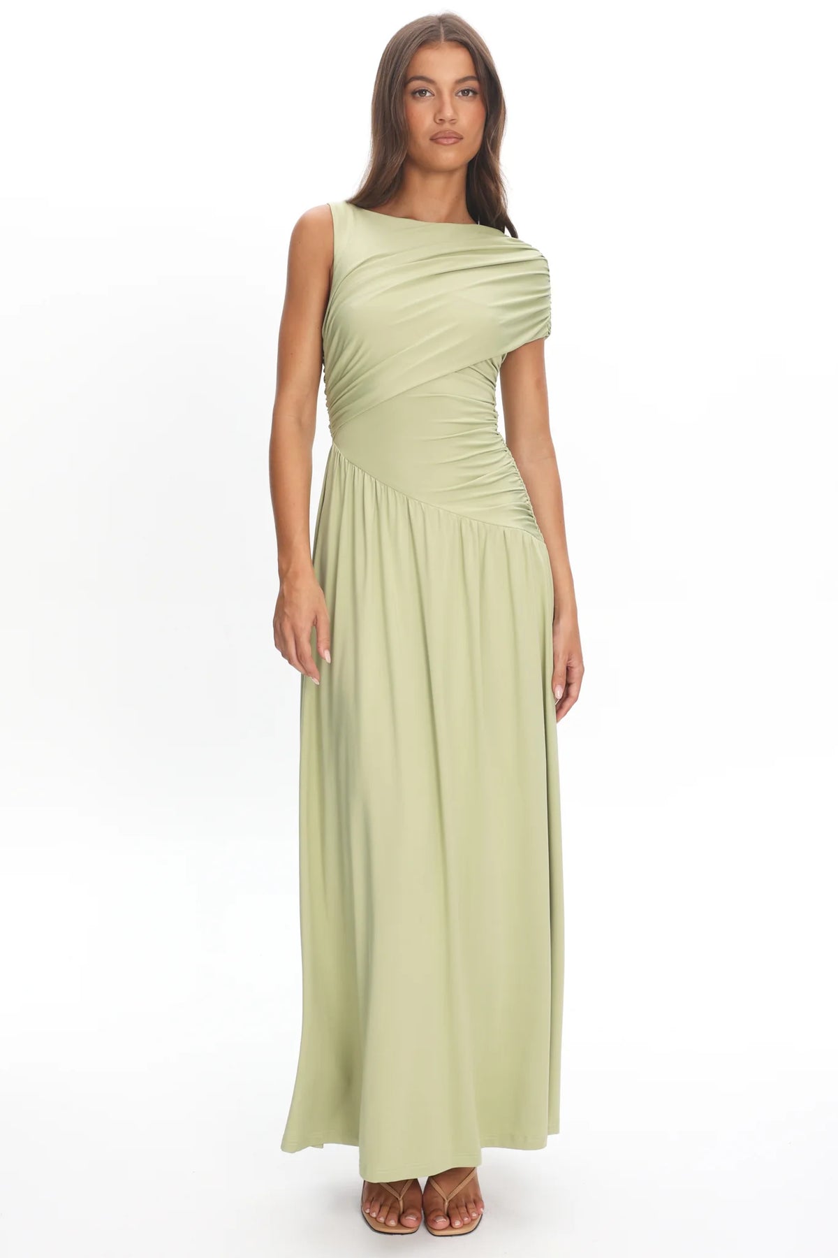 Adiel Ruched Asymmetric Waist Maxi Dress Olive