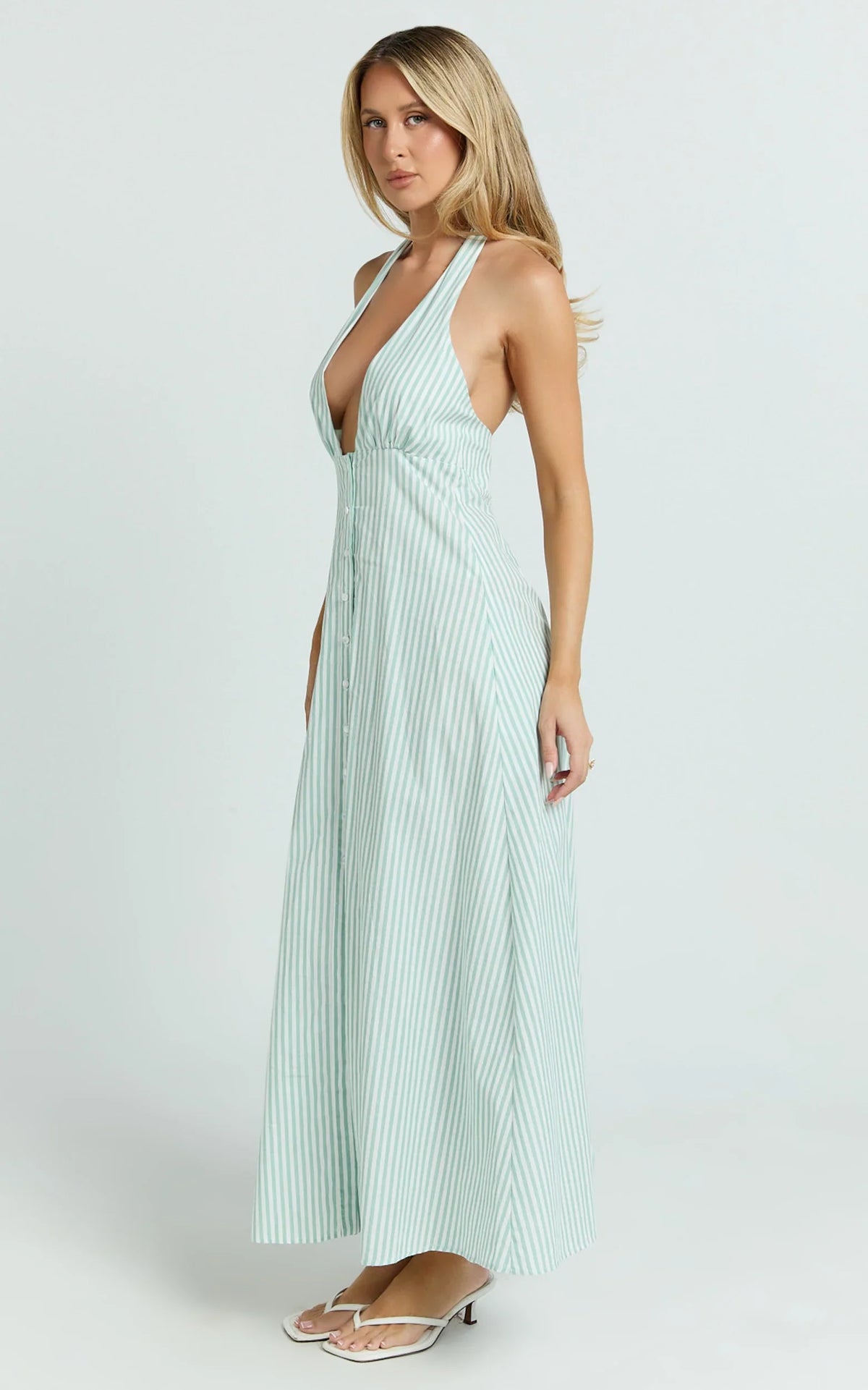 Jeienn Midi Dress - Ruched Shoulder Bodice A Line Placket Front Skirt Dress in Mint Stripe