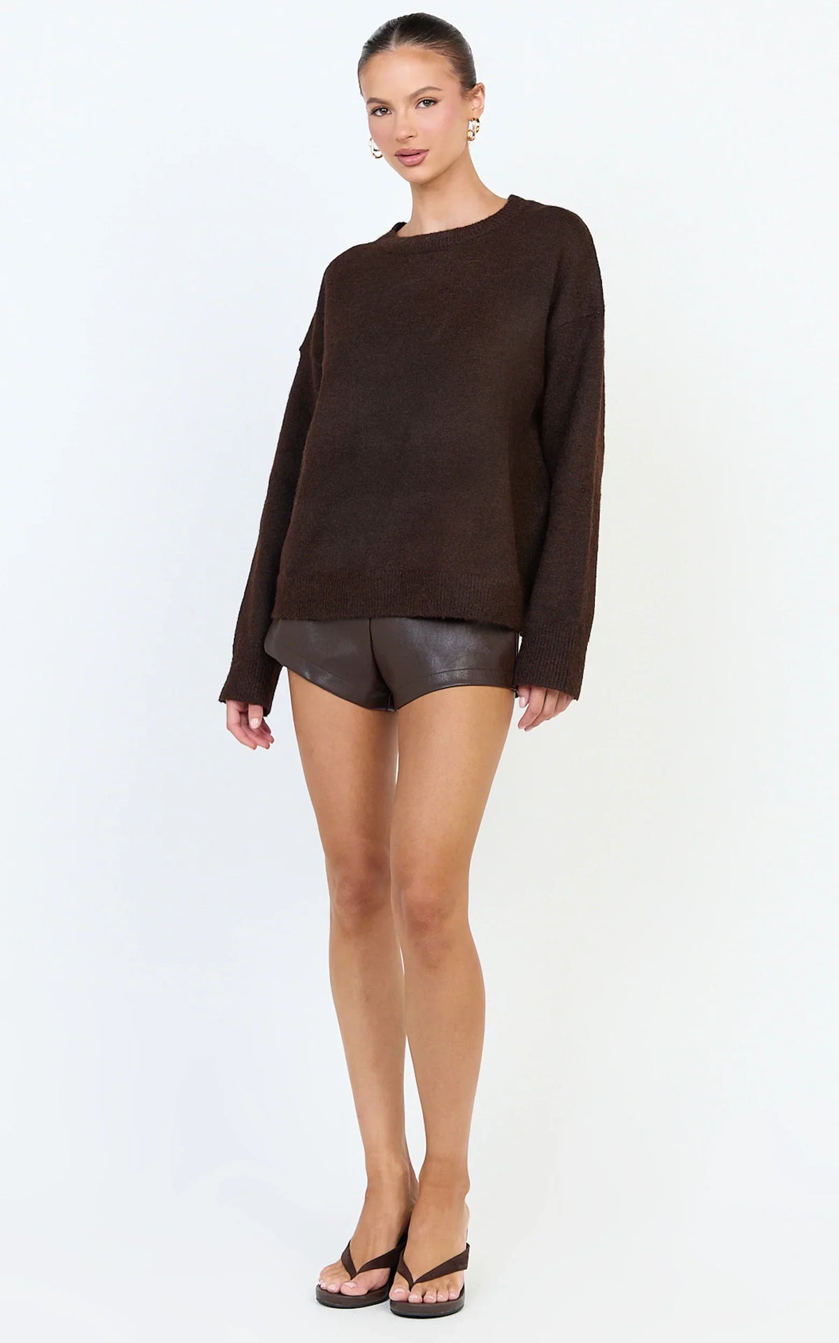 Amanda Top - Crew Neck Long Sleeve Knit Sweater in Chocolate