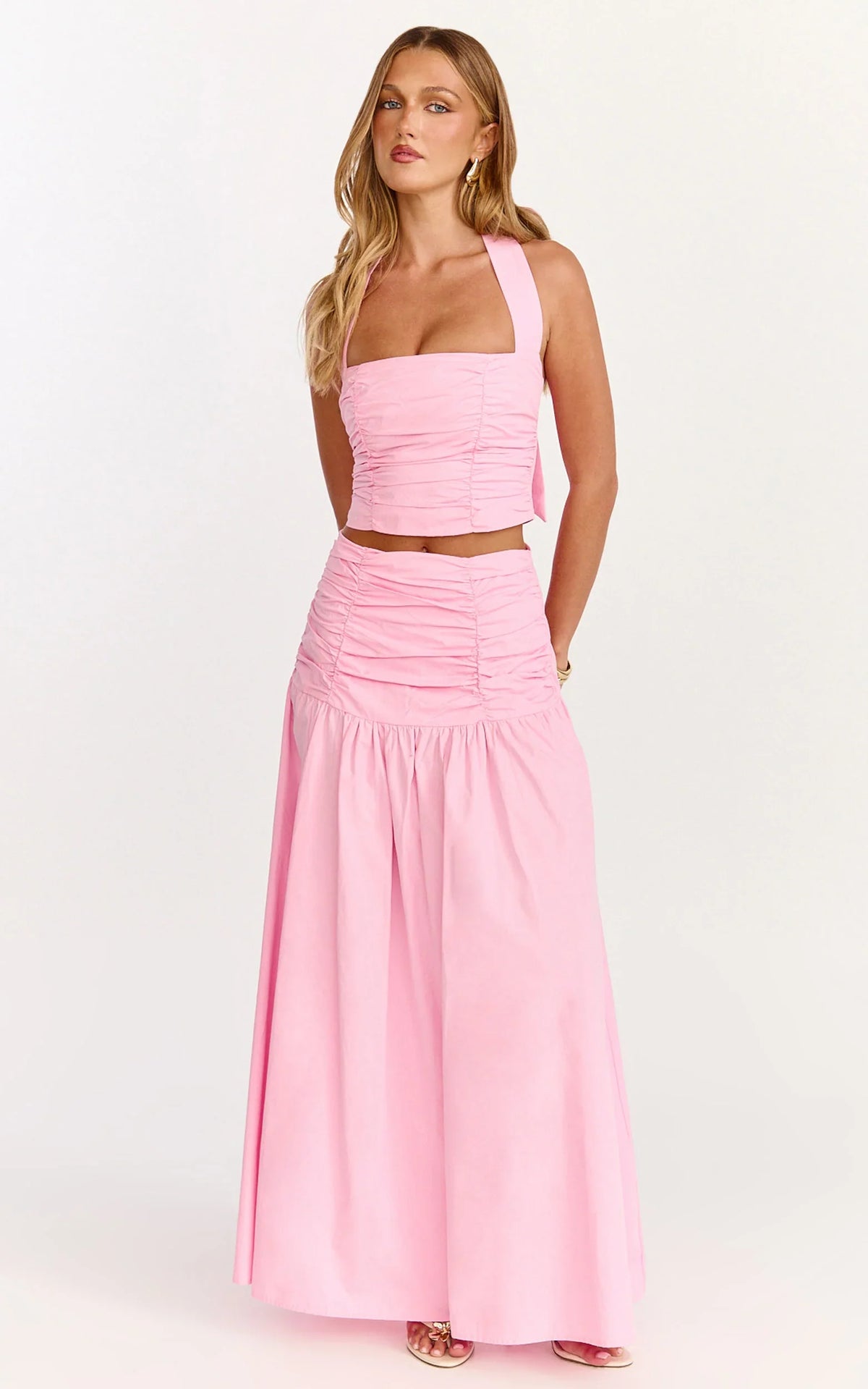 Anya Two Piece Top and Skirt Set - Gathered Halted Neck Top And High Waist  Maxi Skirt in Pink