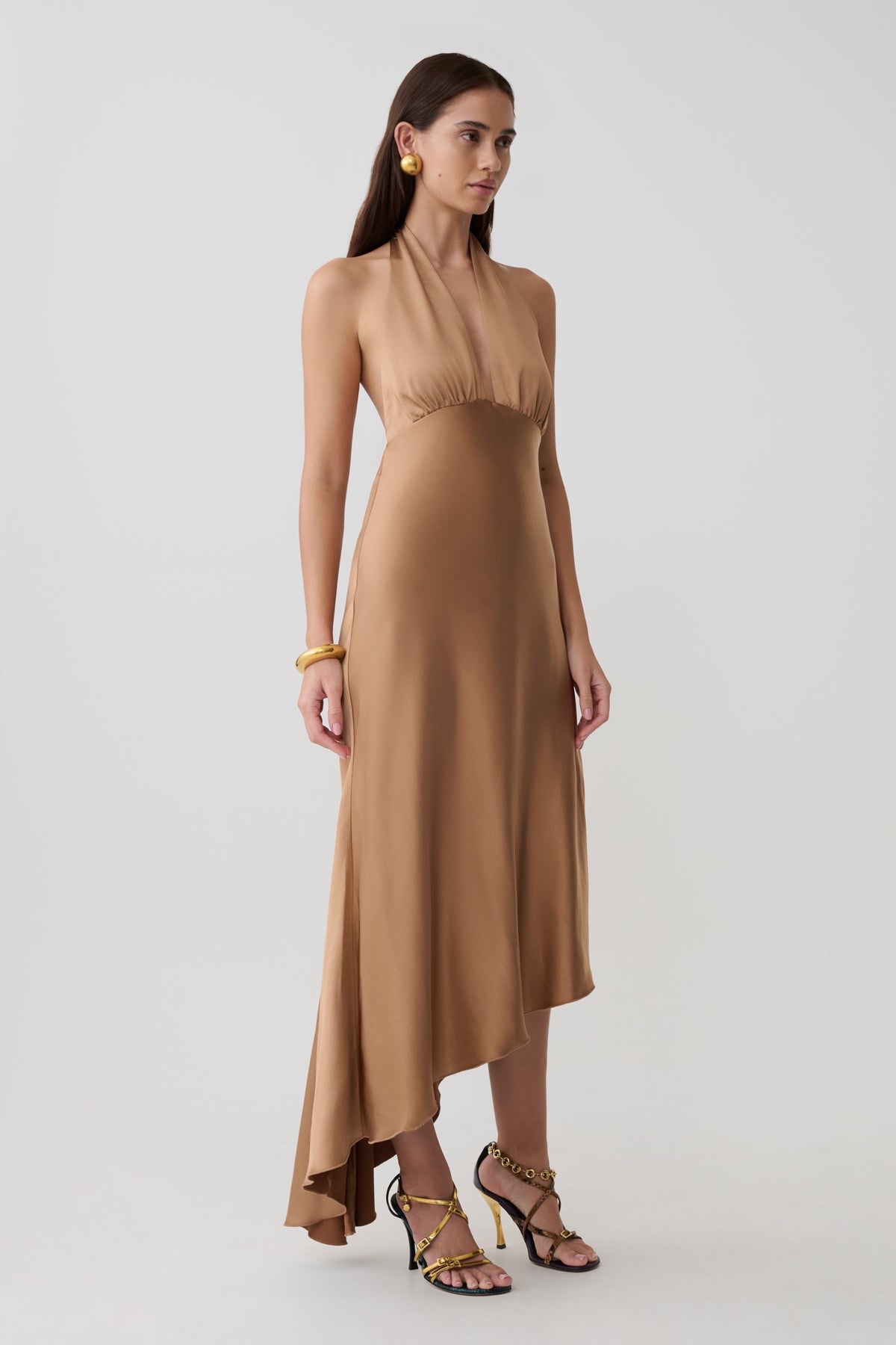 Adelie Asymmetric Hem Halter Midi Dress - Cognac