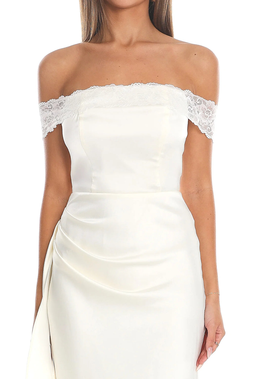 Solemn Vow Off-Shoulder Satin Gown Cream