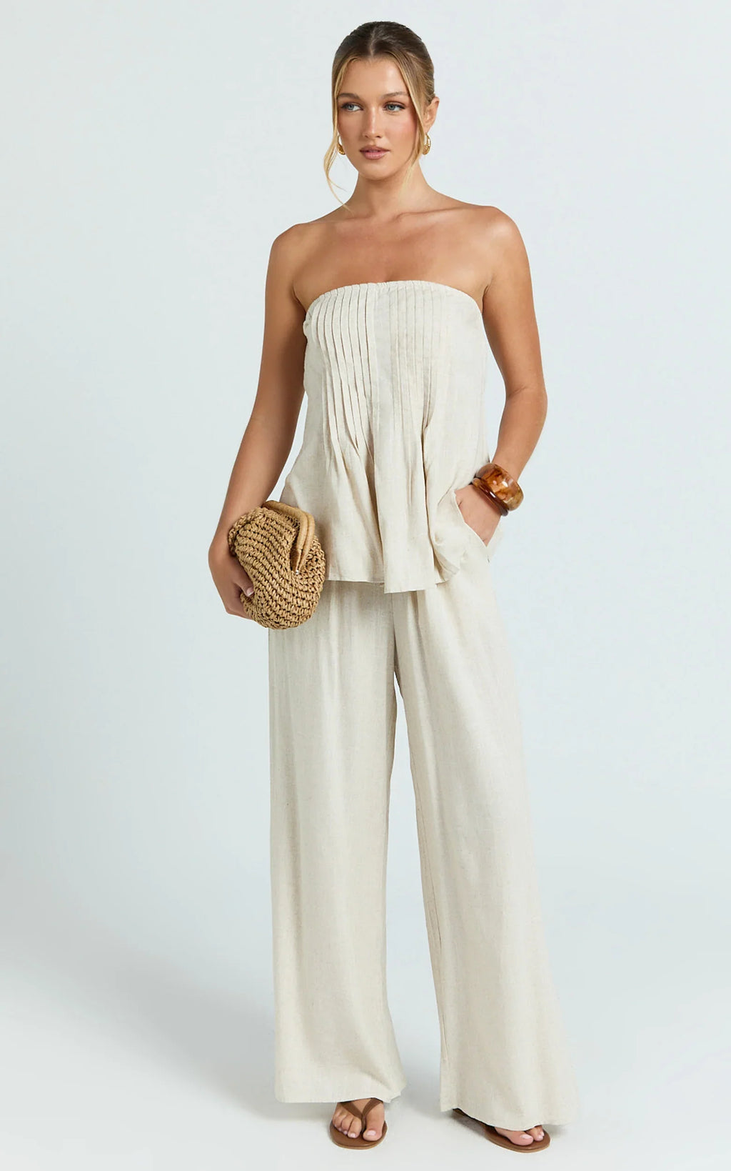 Carli Two Piece Top and Pants Set - Cotton Tube Pant Set in Beige