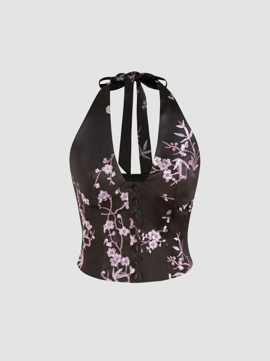 Halter V-Neck Knotted Floral Embroidery Top