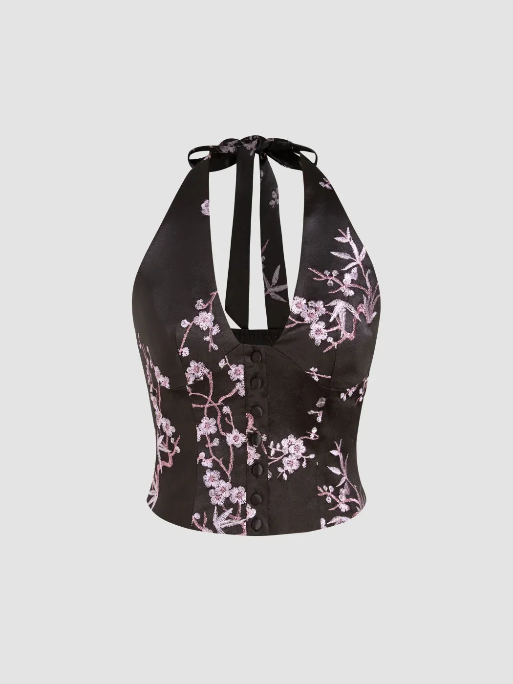 Halter V-Neck Knotted Floral Embroidery Top