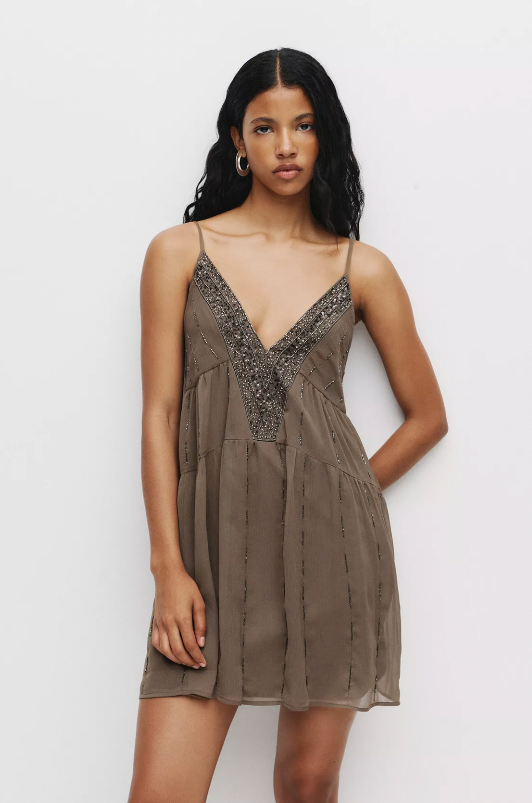 Liora — Lightweight Beaded Boho Mini Dress with V-Neck