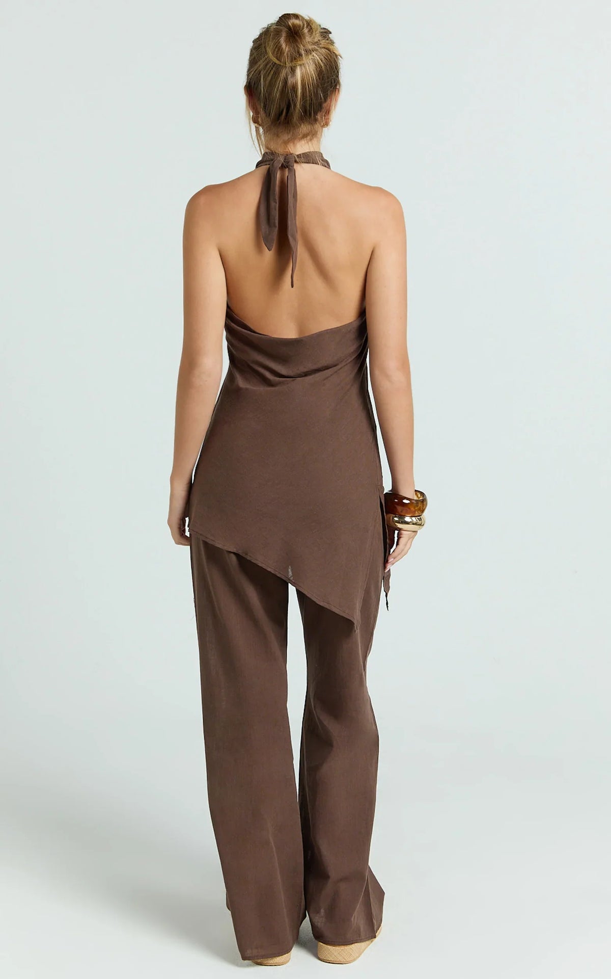 Paige Two Piece Set - Halter Top and Wide Leg Pant Set in Chocolate