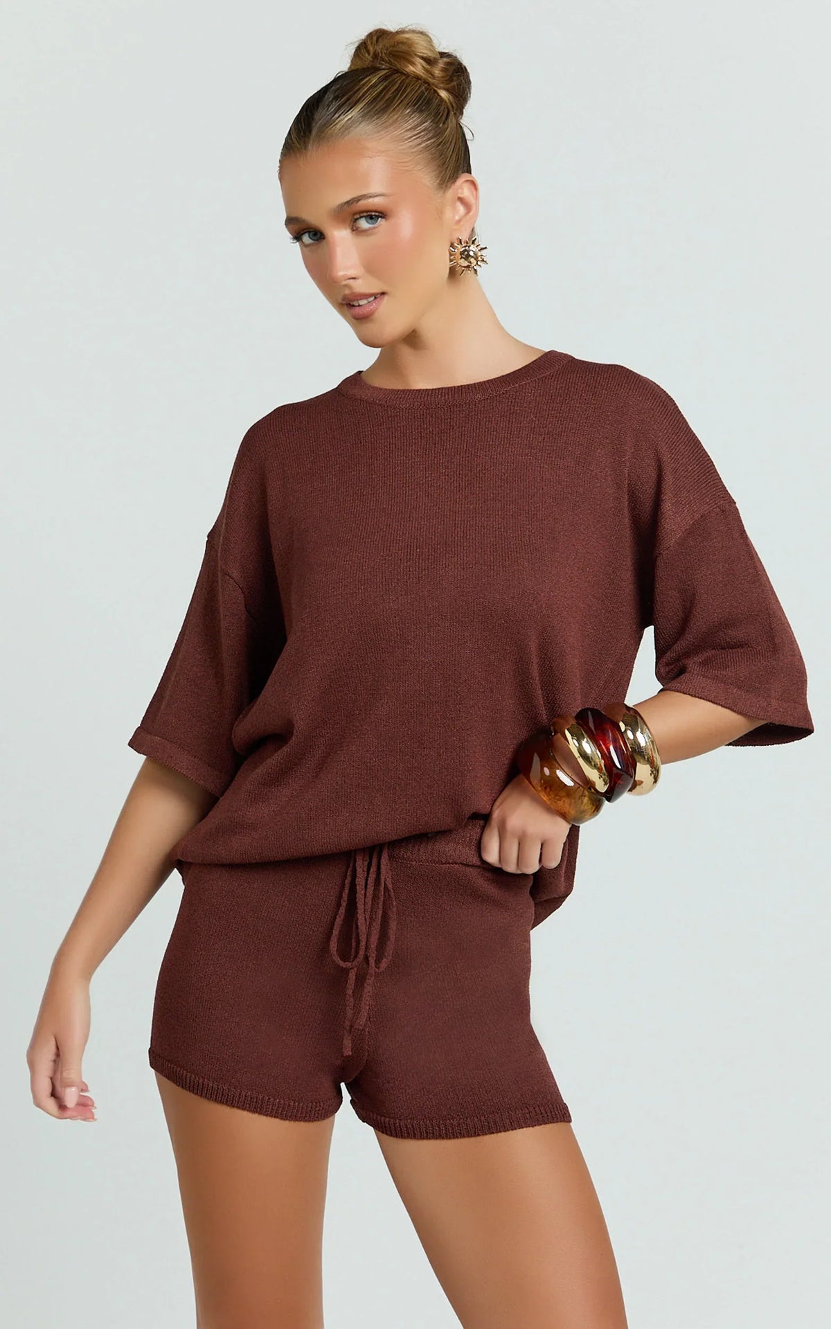 Valencia Two Piece Top And Shorts Set - Knit Tee And Shorts Set in Chocolate