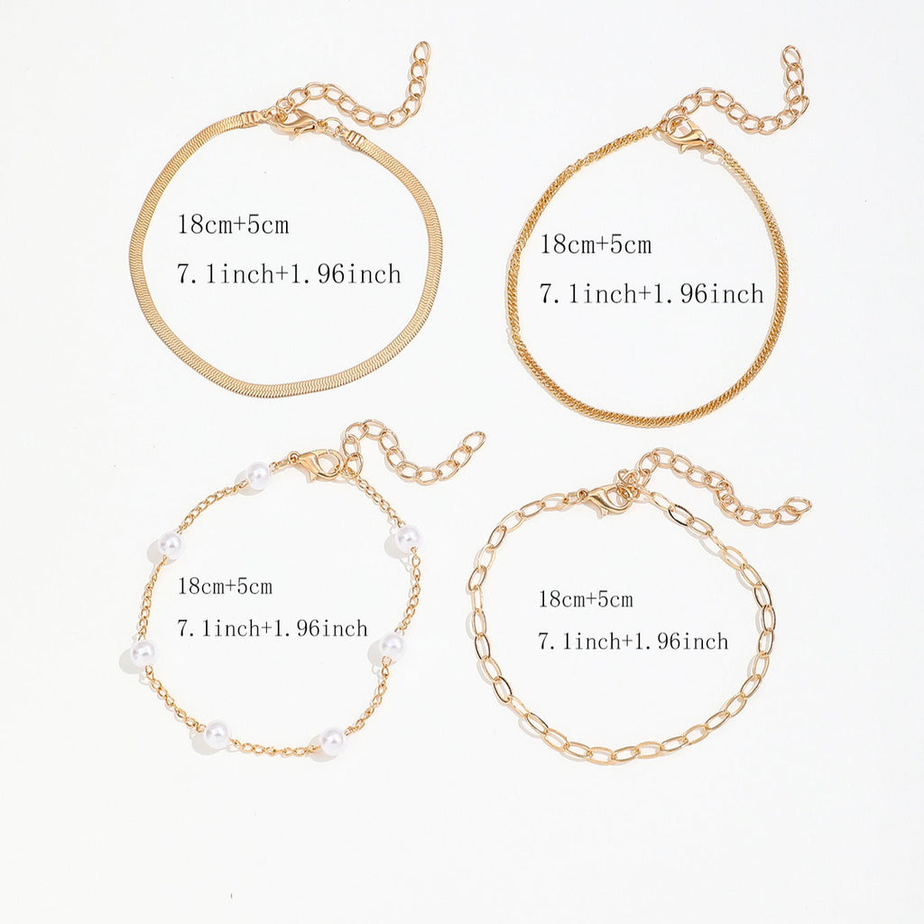 4-Piece Bohemian Paperclip Faux Pearl Snake Chain Bracelet Set