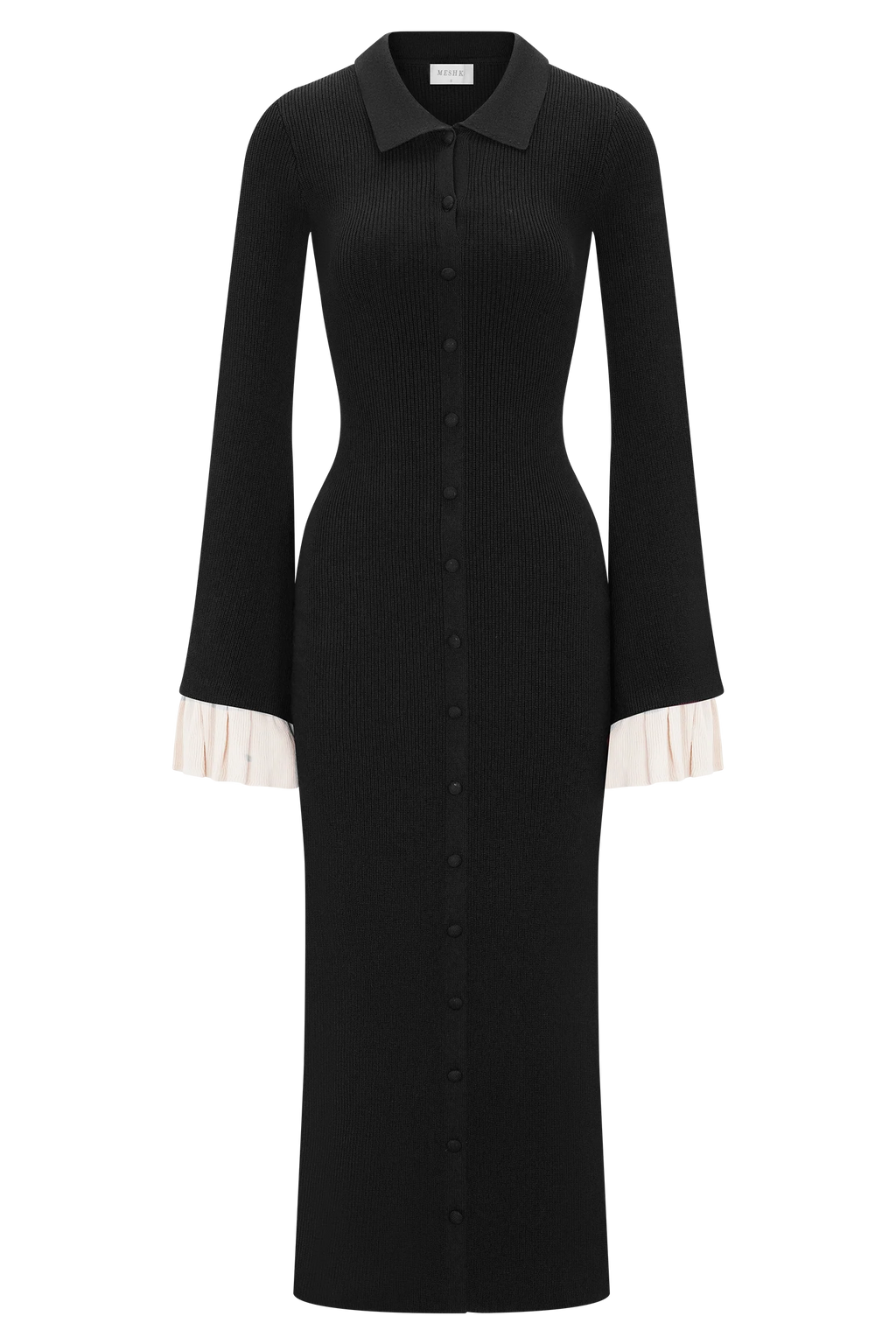 Amirose Ruffle Knit Midi Dress - Black