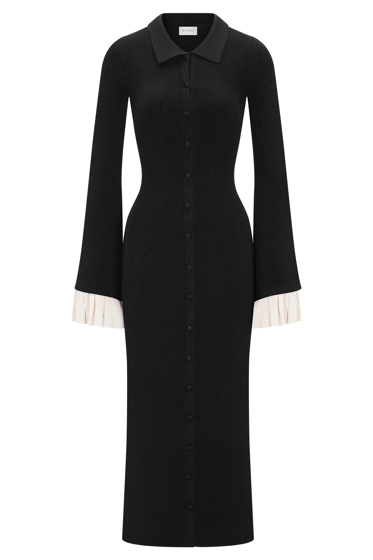 Amirose Ruffle Knit Midi Dress - Black