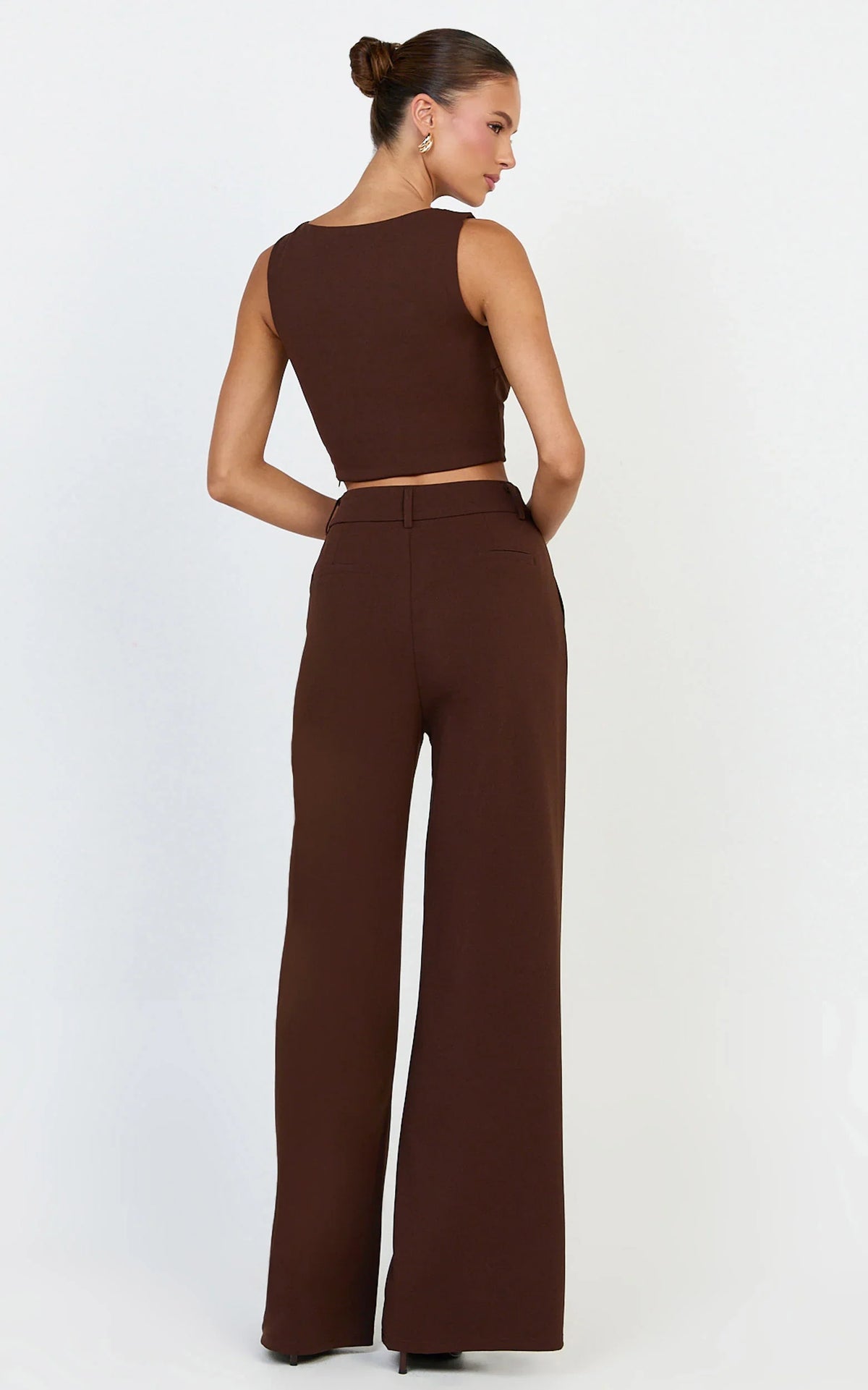 Helen Two Piece Set - Crepe Twisted Top And Wide Leg Pants in Chocolate
