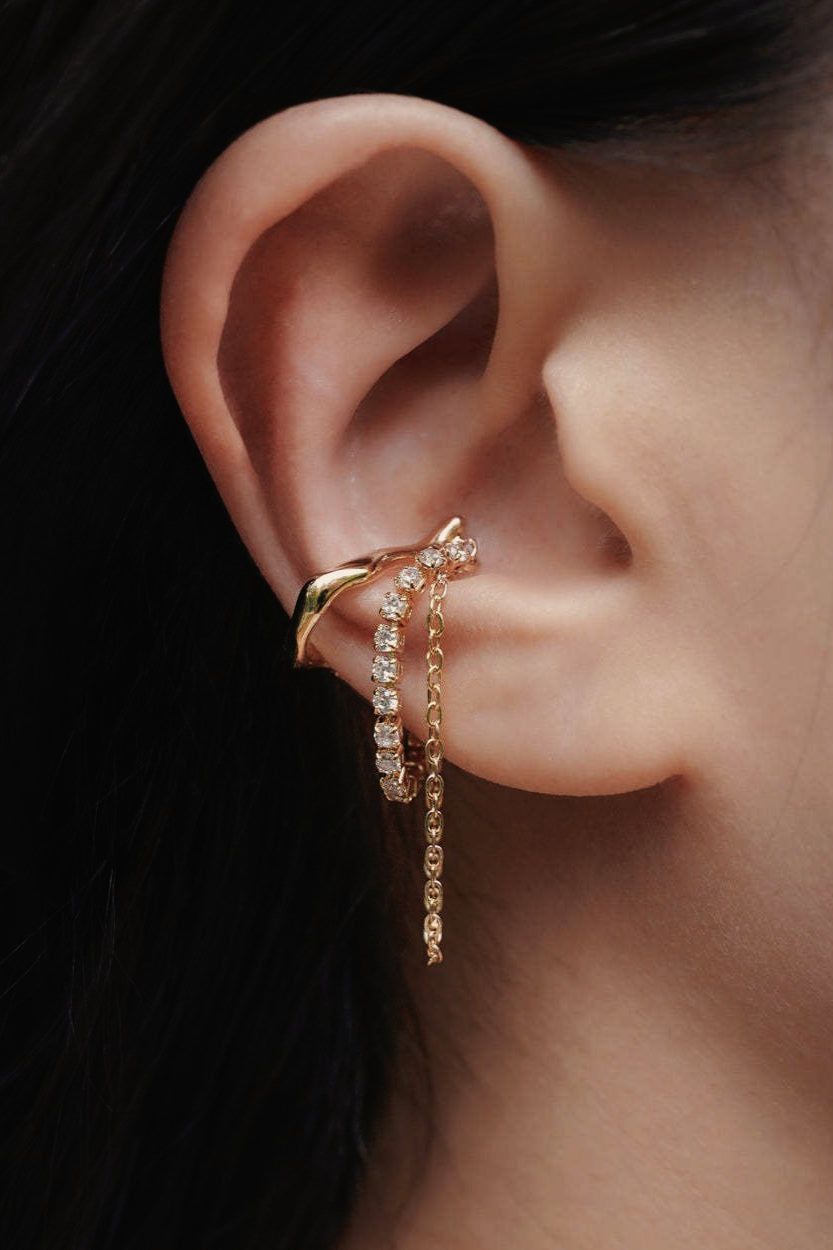 18K Gold Zirconia Fringe Ear Cuff Earrings