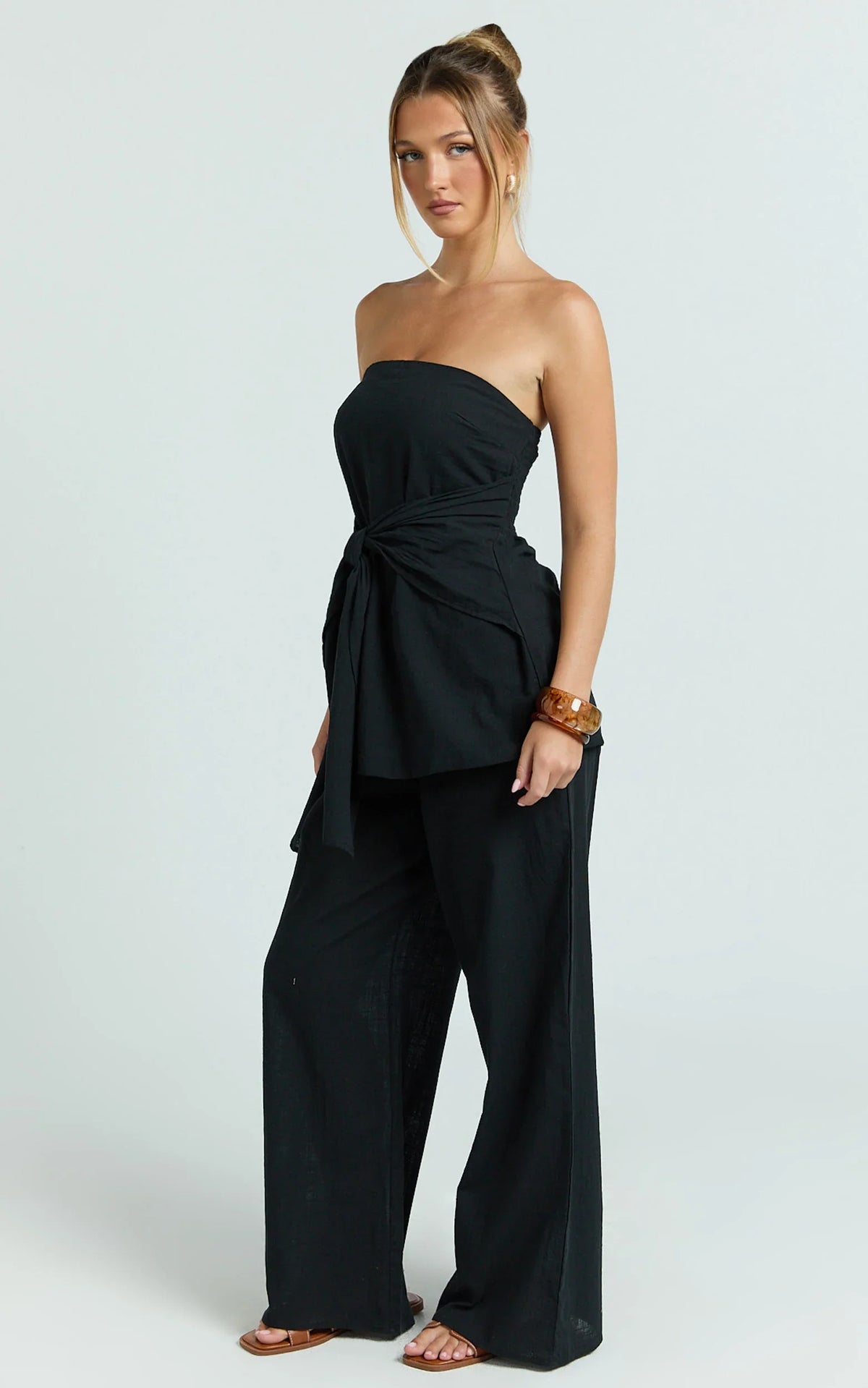 Cora Paige Two Piece Set - Strapless Tie Detail Top and Wide Leg Pant Set in Black
