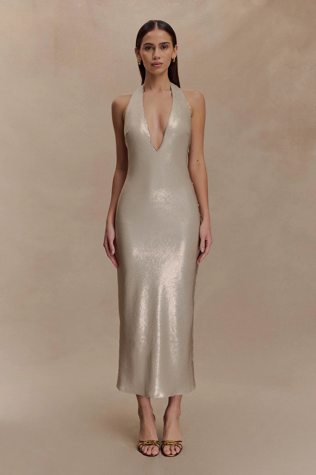 Carnation Sequin Halter Midi Dress - Gold