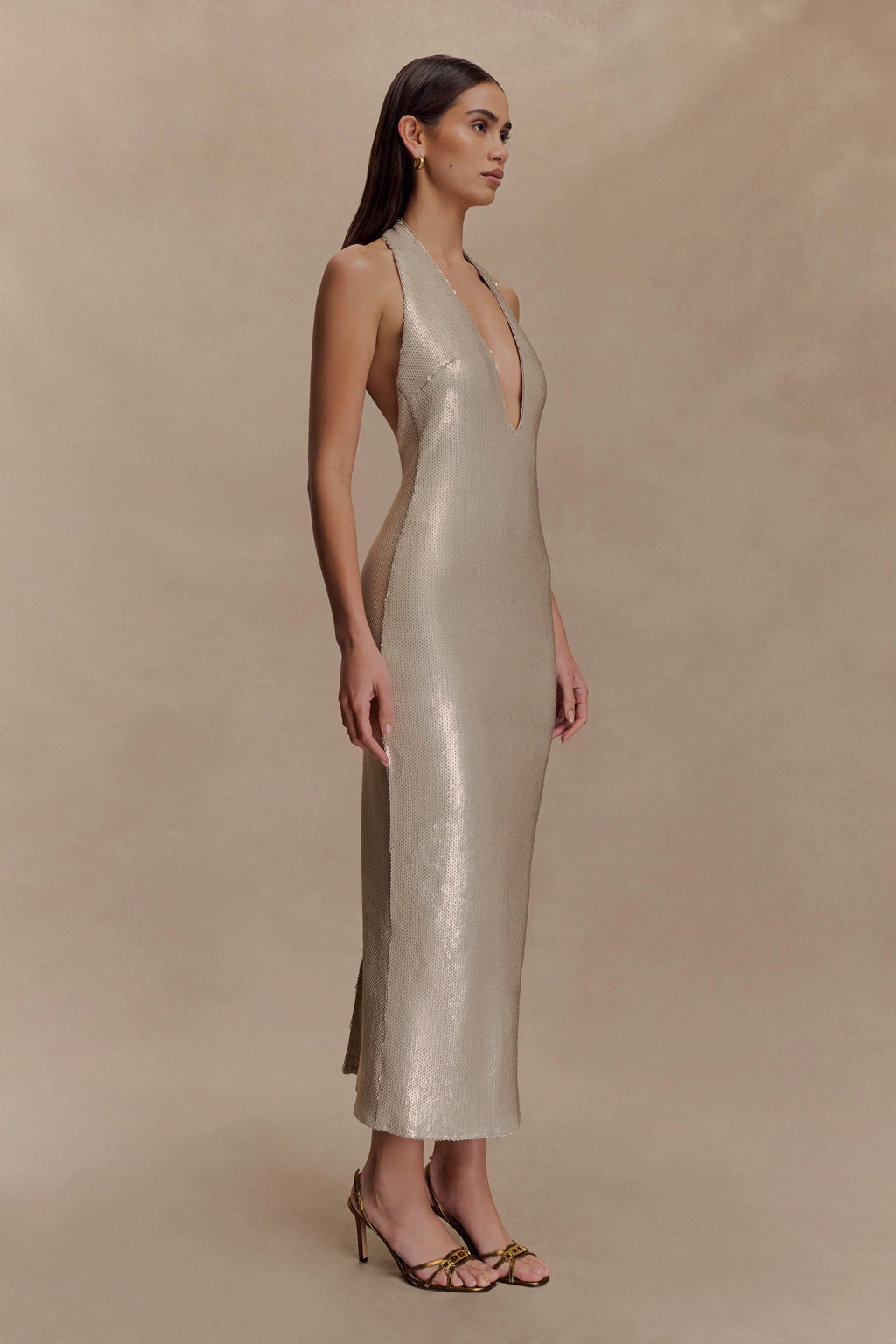 Carnation Sequin Halter Midi Dress - Gold