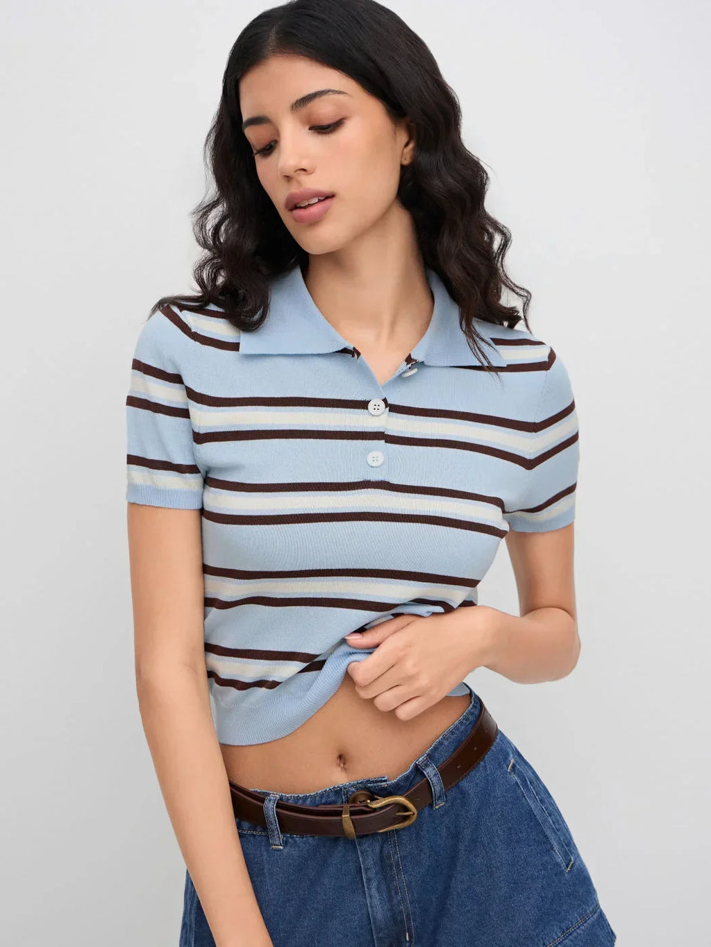 Knit Polo Collar Stripe Short Sleeve Top