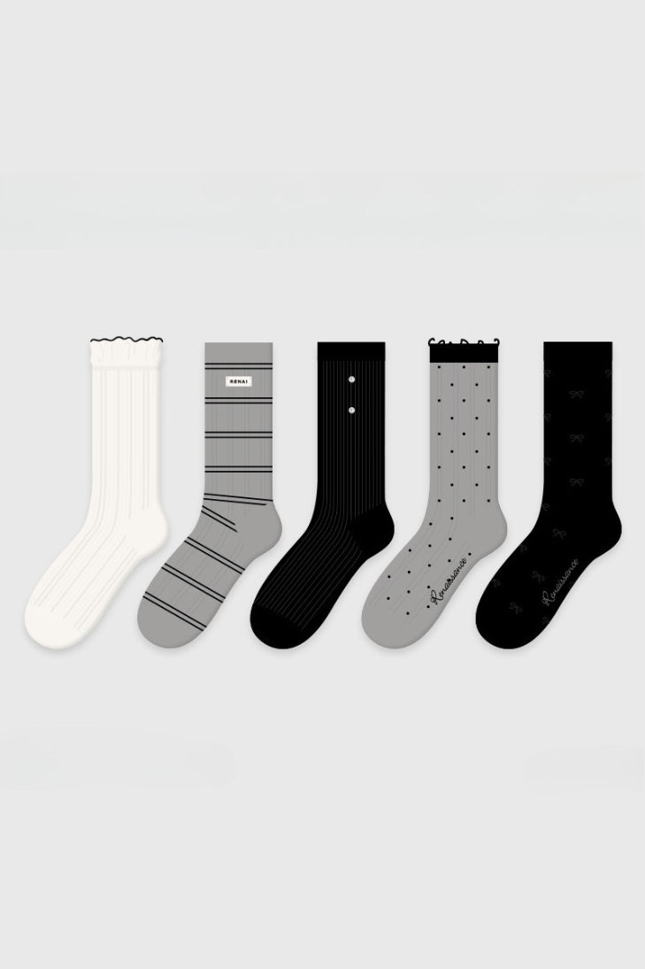5 Pack Striped Polka Dot Ribbed Cuff Micro Mesh Cotton Socks