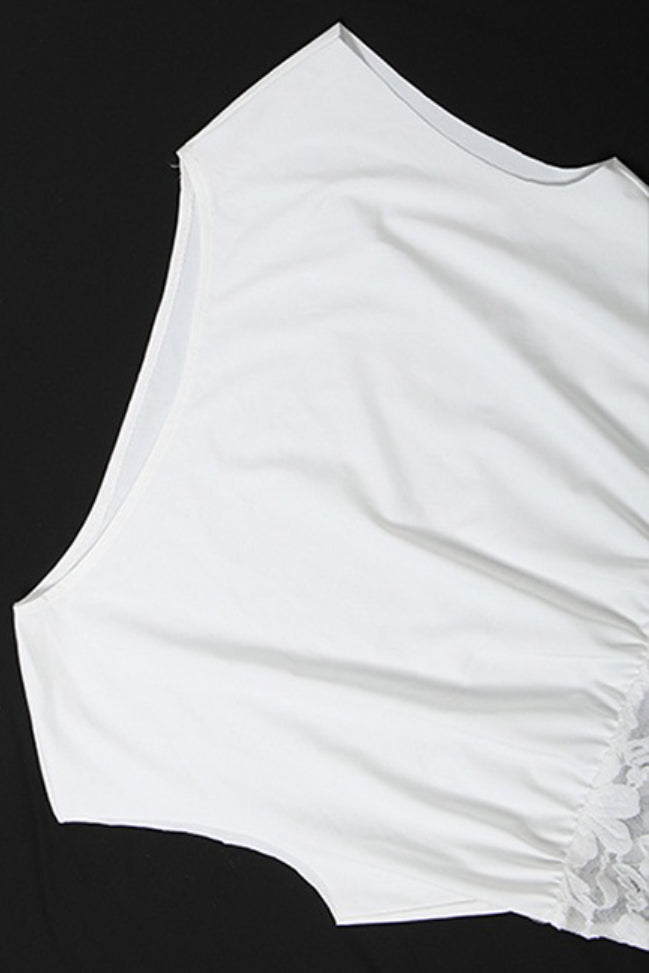 Asymmetric Collar Lace Sheer Sleeveless Crop Top