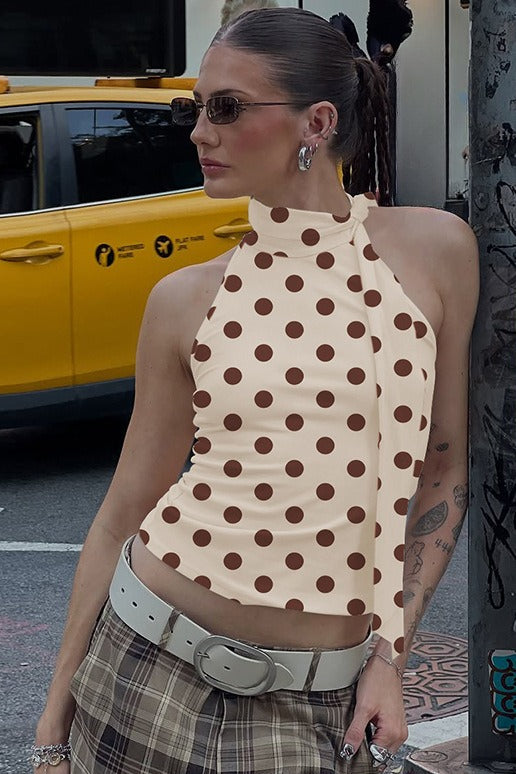 Apricot Polka Dot Tie Neck Sleeveless Halter Top