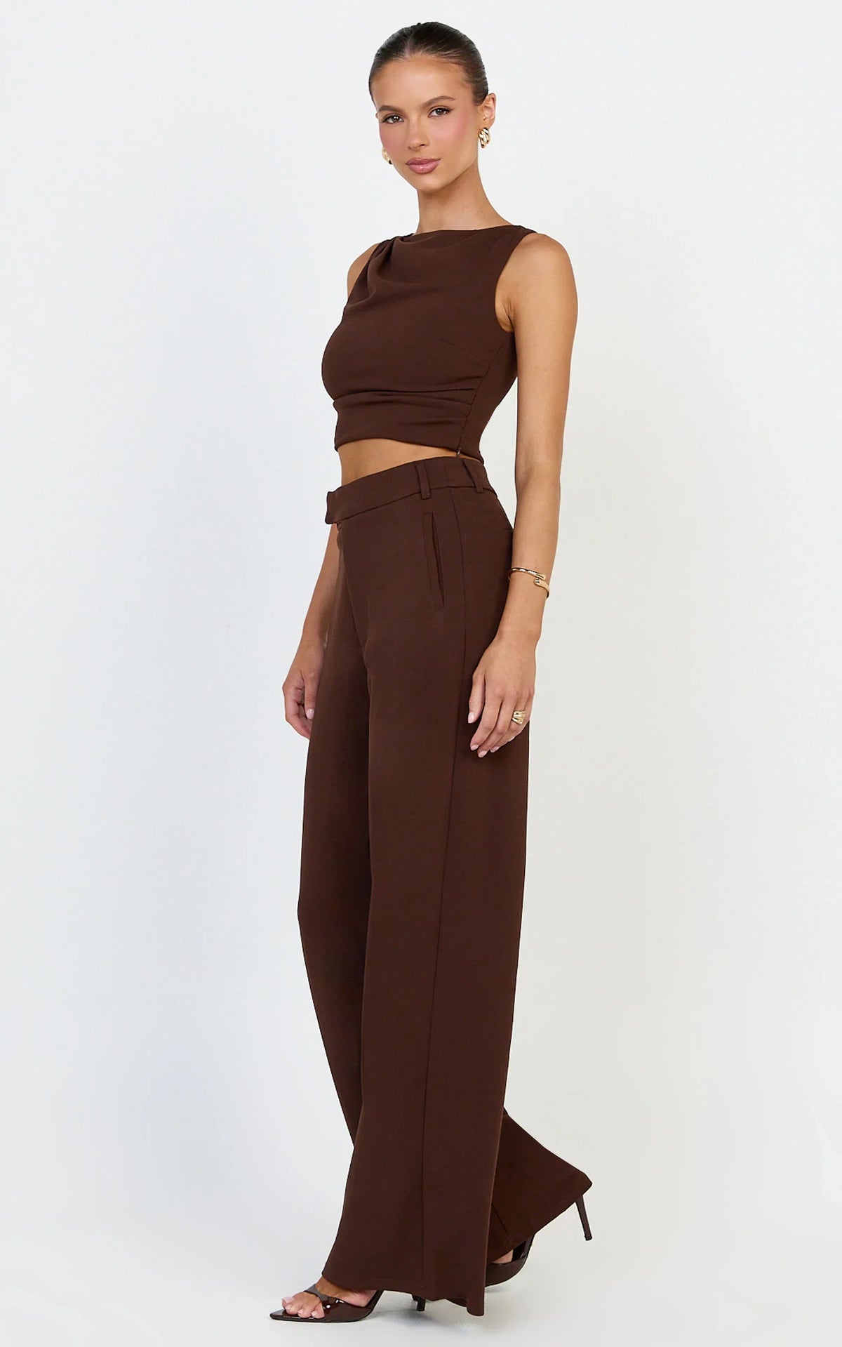 Helen Two Piece Set - Crepe Twisted Top And Wide Leg Pants in Chocolate