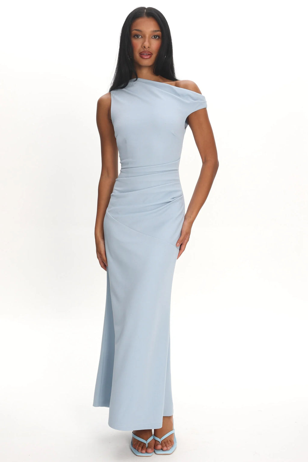 Lylah Asymmetric Neckline Mesh Maxi Dress Light Blue
