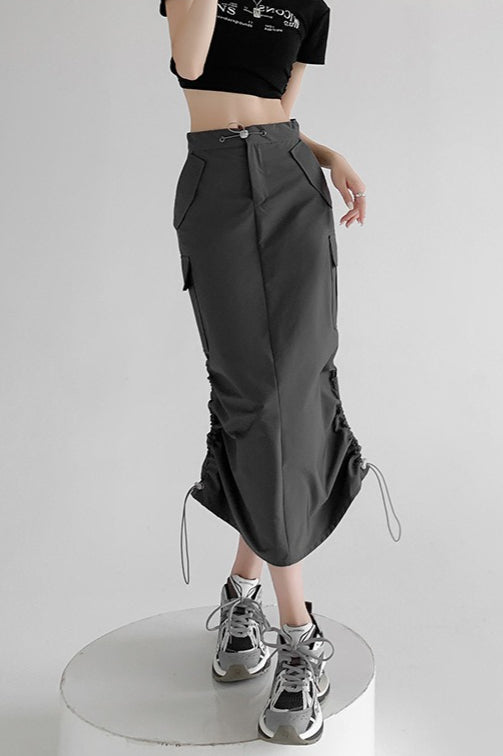 A-Line Gray Vintage Cargo High Slit Skirt