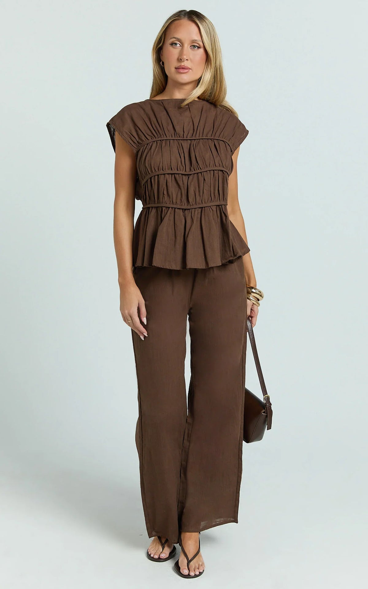 Auric Two Piece Set - Ruched Detail Top and Wide Leg Pants Set in Brown
